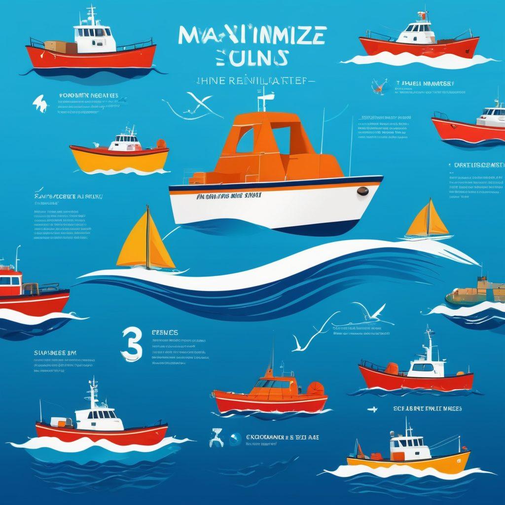 A visually captivating infographic featuring a serene ocean backdrop with various marine insurance icons, such as boats, life jackets, and waves, illustrating different coverage options. A bold overlay displaying the title 'Maximize Your Marine Policy' with bright nautical colors, contrasted with a clear blue sky. Include a subtle depth effect to emphasize layers of coverage. vector art. vibrant colors. white background.