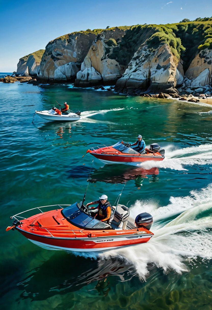A vibrant scene featuring a diverse range of watercraft, including fishing boats and personal watercraft, under a sunny sky with gentle waves. Highlight marine safety gear and a backdrop of a serene coastline, showing different aspects of protection for each type of vessel. Include joyful families enjoying water activities, showcasing the fun and safety of being on the water. super-realistic. vibrant colors. dynamic composition.
