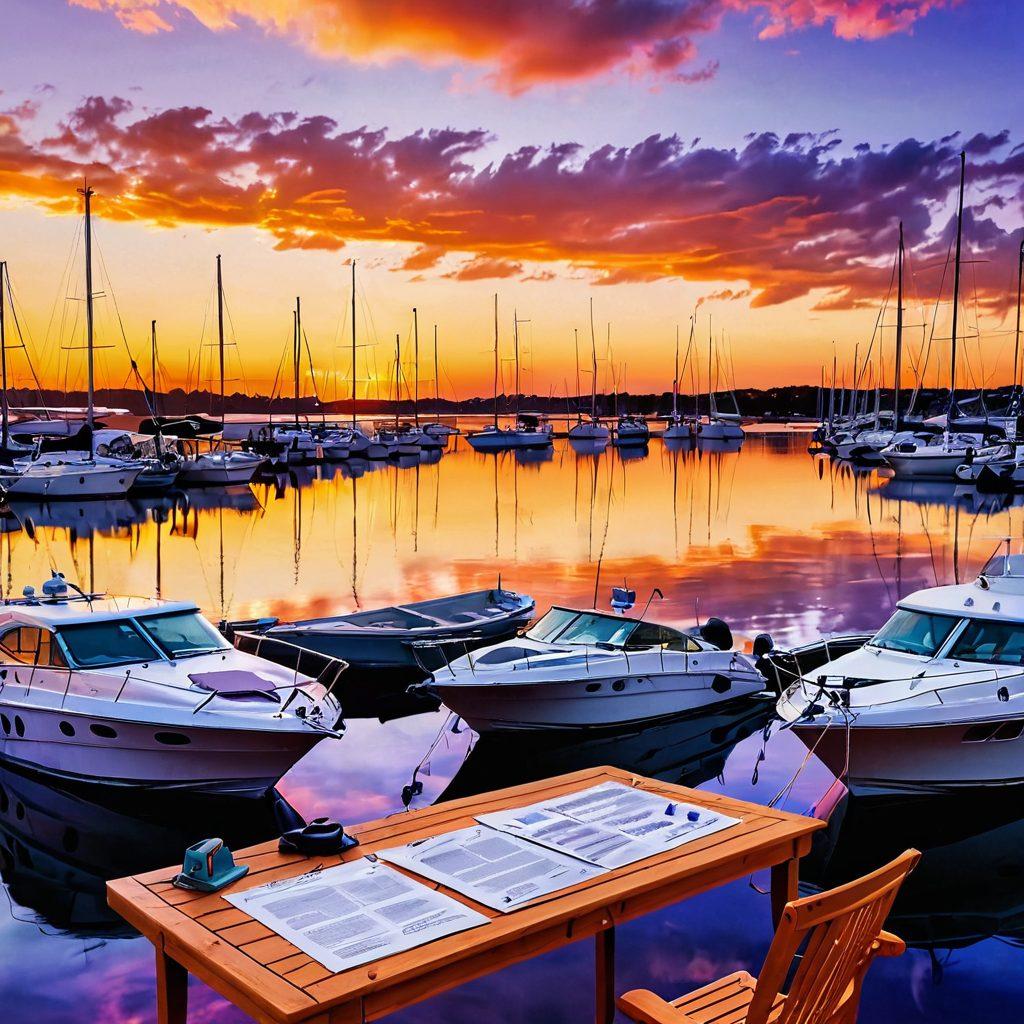 A serene marina at sunset, with a variety of boats and yachts docked peacefully. Include a person studying an insurance document on a table adorned with nautical tools. The water reflects vibrant orange and purple hues, symbolizing safety and peace. Soft clouds drift across the sky, enhancing the tranquil atmosphere. vector art. vibrant colors. white background.